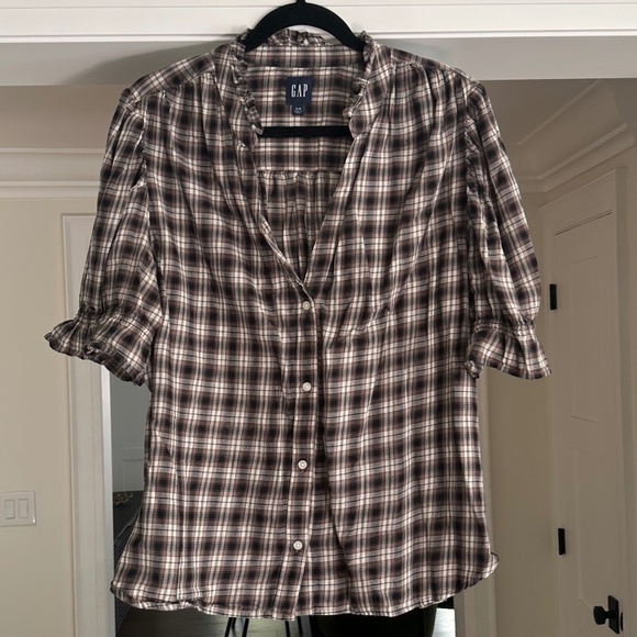 GAP Brown, Black, & Ivory/Cream Plaid Crinkle Gauze Puff Sleeve Shirt - Size XL - Picture 4 of 13